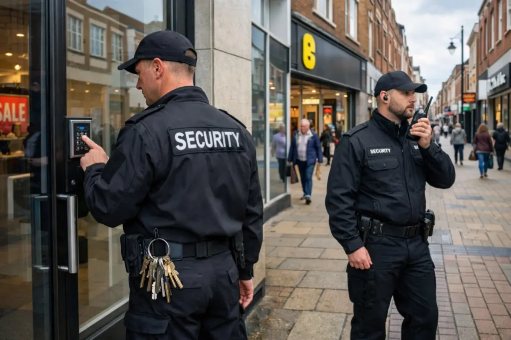 Professional security guards providing keyholding and alarm response service at commercial property entrance