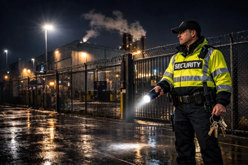 Industrial security guard performing night patrol at a factory site representing industrial site keyholding and alarm response security services