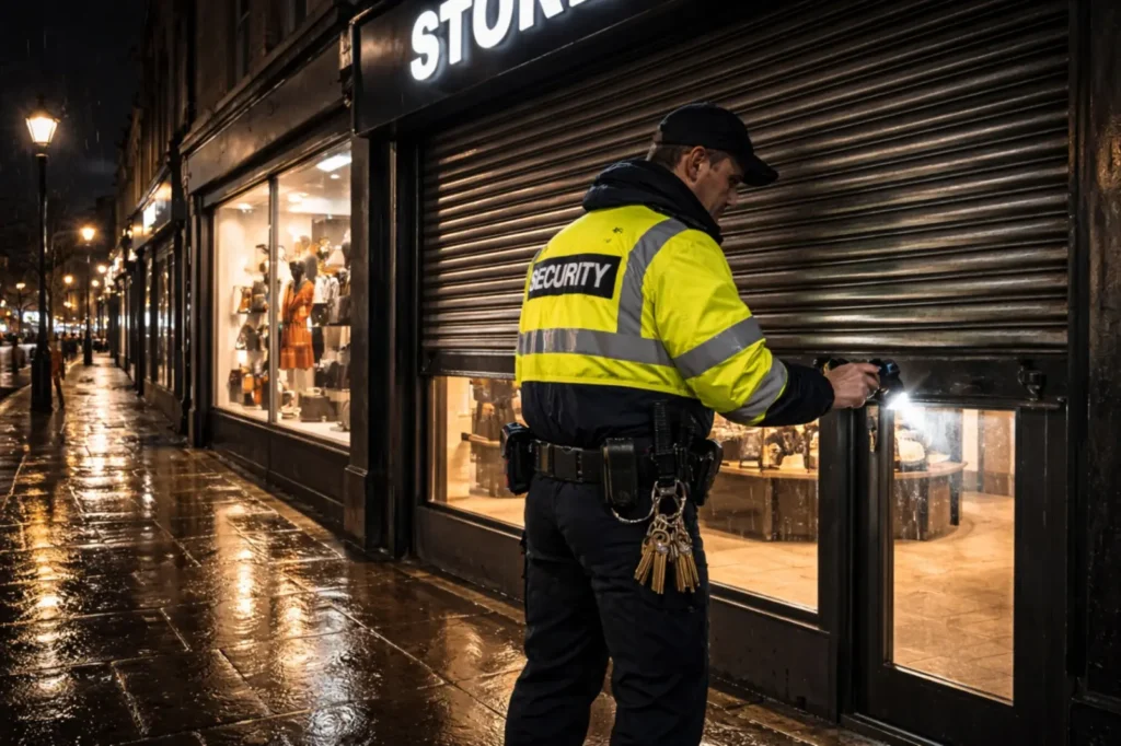 Security guard locking retail store with keyholding service at night in the UK high street