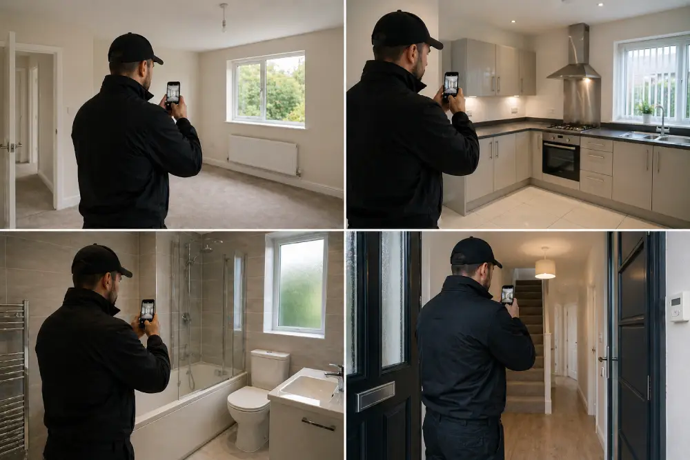 Vacant property inspection across living room, kitchen, bathroom, and hallway documenting interior condition