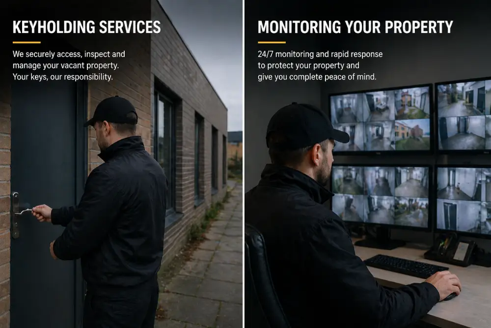 Security guard performing keyholding service at vacant property and monitoring CCTV systems for property protection