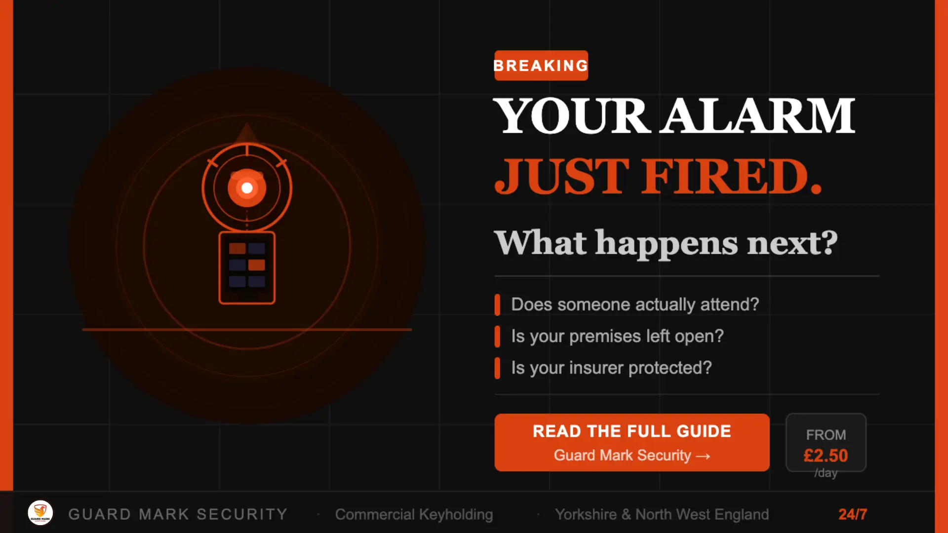 Security alarm activated alert with message “Your alarm just fired” and call-to-action for Guard Mark Security alarm response services.