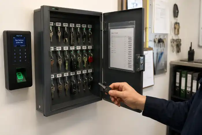 Secure key storage cabinet with access control system showing organised keys, biometric entry and staff key management.