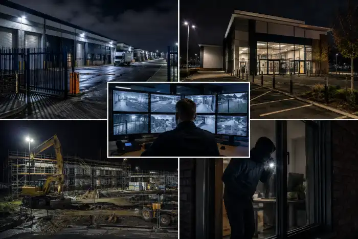 After-hours security monitoring for Wakefield businesses, showing industrial estates, retail premises, construction sites and alarm response surveillance.