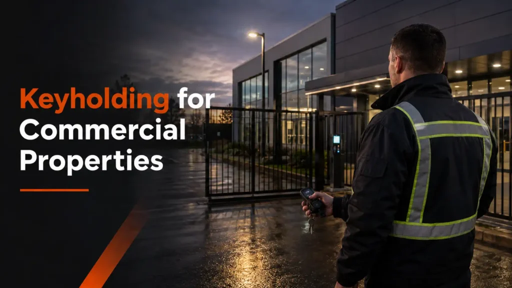 Keyholding security guard holding keys outside a commercial property at night with gated access and building lighting