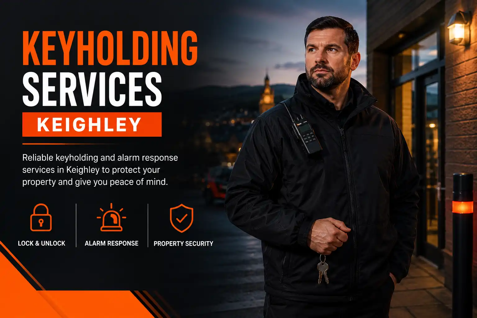 Keyholding services in Keighley with security officer, alarm response, lock and unlock support, and property security.