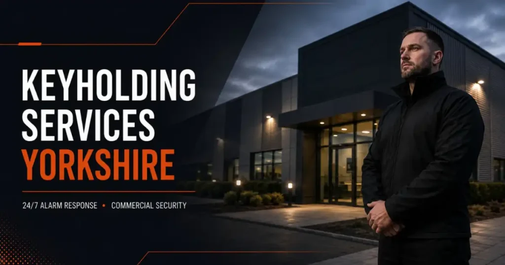 Keyholding services in Yorkshire with a professional security officer protecting a commercial property at night.
